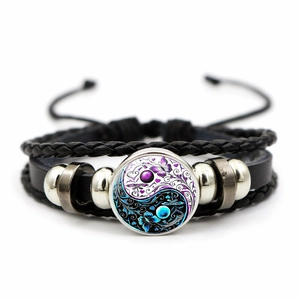 Bracelet tressé en cuir Yin Yang avec cabochon papillon et perles métalliques