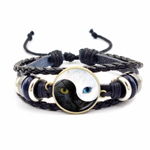Bracelet en cuir tressé fait main avec motif Yin Yang chats noirs et blancs en verre
