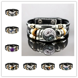 Bracciale In Pelle Multistrato Yin Yang Taiji Retro Punk Lega Vetro Legno Cabochon Gioielli Per Uomo Donna