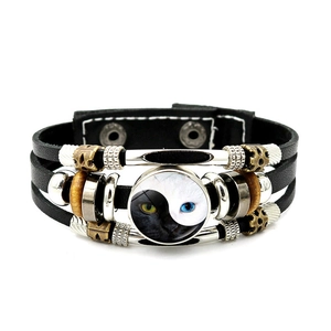 Bracciale in pelle gatto Yin Yang retrò con ingranaggi punk e ciondolo in vetro