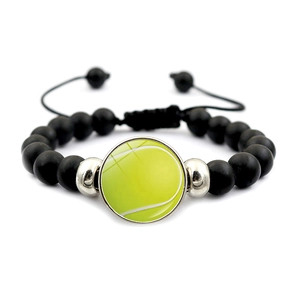 Verstelbare zwarte matte tennisarmband met gele sportbal hanger voor heren en dames