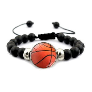 Sport Kraal Armband Voor Mannen Vrouwen Verstelbare Zwarte Matte Kralen Basketbal Voetbal Honkbal Patroon Glas Charm Armband