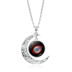 Collier Pendentif Lune Croissante Nébuleuse Alliage Verre Ajouré Thème Galaxie Espace Bijoux Pour Femmes Hommes