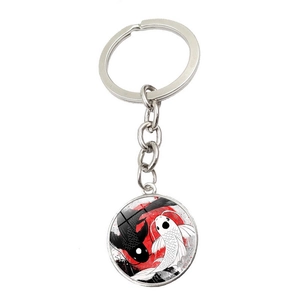Dragon Yin Yang Koi Fish keychain with round glass pendant and silver metal ring