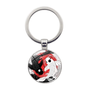 Porte-clés Yin Yang Koi en verre et acier inoxydable avec motif artistique à l'encre
