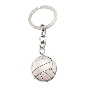 Porte-clés de volleyball en métal argenté avec pendentif rond en verre blanc pur