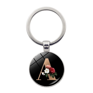 Vintage Floral Alphabet Alphabet Keychain Zinc Alloy Time Gem Round Pendant Key Ring For Women Birthday Graduation Gift