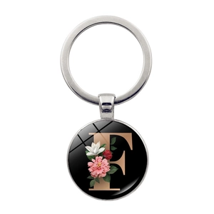 Silver letter F keychain with floral rose pattern and glass gem pendant accessory