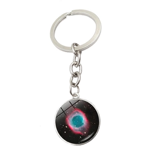 Macro view of cosmic galaxy nebula glass keychain with silver metal ring