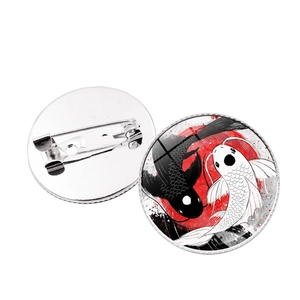 Yin Yang Koi Fish Brooch Badge featuring Japanese style ink painting and silver metal back