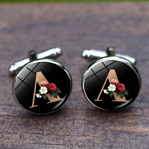 Vintage Men's Alloy Glass Initial Letter Cufflinks Floral Pattern Alphabet Shirt Cuff Links Business Wedding Jewelry Accessory