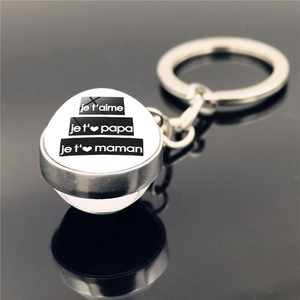 Gros plan du porte-clés en argent avec pendentif boule et texte Je t'aime Papa