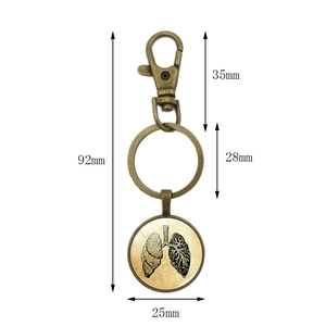 Human lung anatomy keychain with vintage bronze alloy finish and size measurements