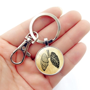Anatomical lung pendant keychain with vintage illustration and metal lobster clasp