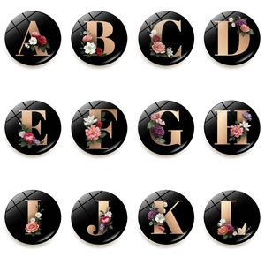 Round Glass Refrigerator Magnet With Golden Alphabet Letter Flower Pattern Magnetic Whiteboard Sticker Home Decor
