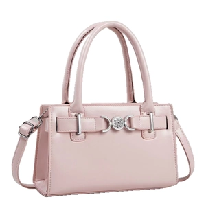 Klassische rosa Handtasche mit silbernem Löwenkopf-Emblem und abnehmbarem Schultergurt