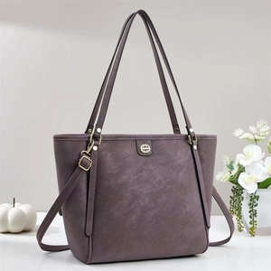 Sac fourre-tout minimaliste gris-violet en similicuir avec logo doré et bandoulière amovible