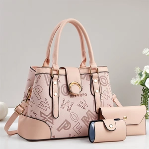 Three-piece nude pink PU leather handbag set with letter pattern and metal accents