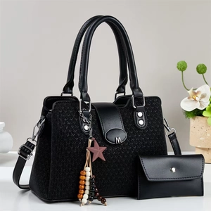 Elegant black woven handbag set with large tote and matching envelope clutch bag