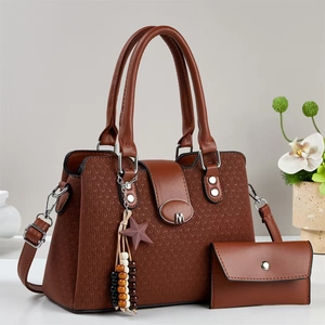 Elegant brown woven leather tote bag with M metal buckle and matching wallet set