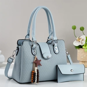 Elegant light blue woven leather tote bag for women with matching wallet and metal M logo
