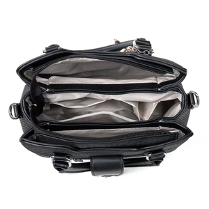 Vue de dessus de l'intérieur du sac à main en cuir PU noir avec plusieurs compartiments