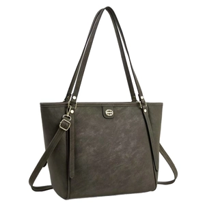 Sac fourre-tout gris minimaliste en similicuir avec bandoulières et logo en métal