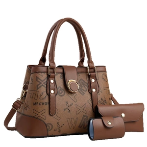 3-piece set featuring large tote bag, wallet and card holder in brown monogram print