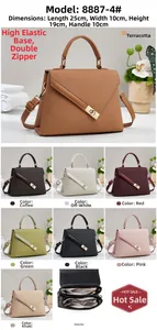 Detail showing structured handbag dimensions 25x10x19cm and dual zipper interior design