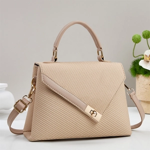 Elegant PU Leather And Woven Fabric Handbag For Women Trapezoid Shoulder Crossbody Bag With Gold Lock Closure