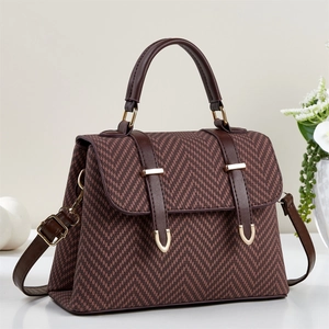 Women Top Handle Bag Herringbone Woven PU Leather Crossbody Satchel Vintage Elegant Flap Purse With Gold Buckle