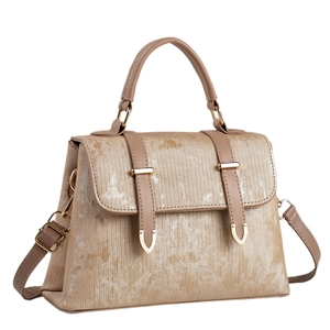 Champagne gold textured shoulder bag with vertical stripes and golden metal hardware