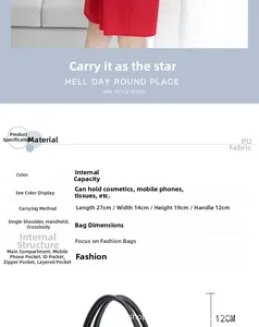 Detailed size specifications for the black PU leather handbag with model display view