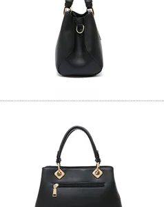 Side and back view of a black faux leather handbag featuring light gold hardware and a zipper pocket