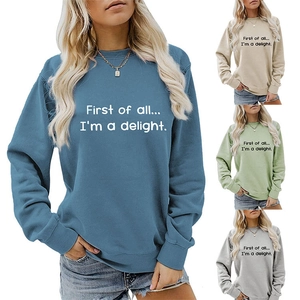 Detail view of cotton crewneck sweatshirt colors with First of all text print for women