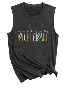 Detail van de donkergrijze mouwloze tanktop met Pickleball-print en decoratieve knoop onder