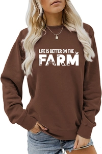 Detail of Life is Better on the Farm print on brown casual crewneck sweatshirt