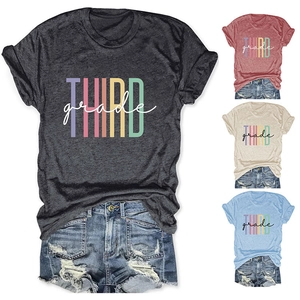 Close-up of Third Grade letter print on women's short sleeve tee with color variants