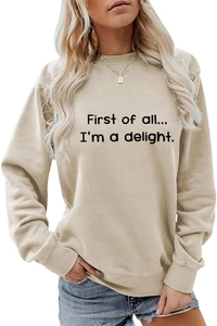 Detail of First of all text print on beige crewneck sweatshirt for women