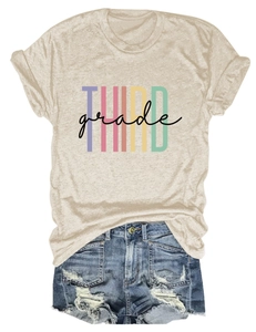 Detail of THIRD grade multicolor print on a beige cotton blend short sleeve t-shirt