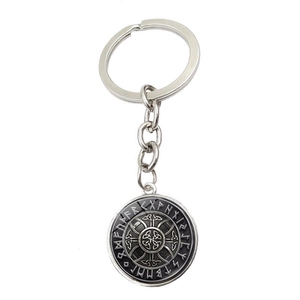 Porte-clés viking nordique avec symbole d'Odin et runes en métal argenté vieilli