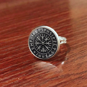 Nordisch Wikinger Vegvisir Kompass Offener Ring Vintage Kupfer Glas Cabochon Runen Verstellbarer Ring Für Damen Herren