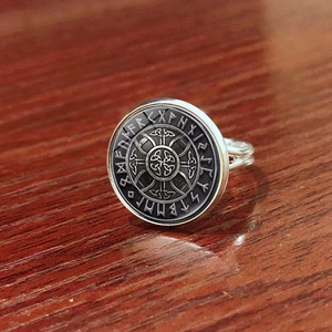 Vintage Silber Wikinger Ring mit Vegvisir Kompass und Elder Futhark Runen Gravur