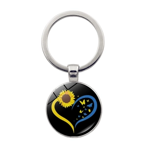Porte-clés drapeau Ukraine avec tournesol, cœur et papillons sous dôme de verre