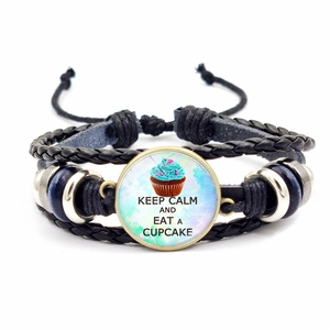 Vintage black braided leather bracelet with Keep Calm and Eat a Cupcake glass charm