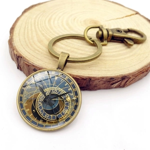 Vintage bronze Prague astronomical clock keychain with steampunk glass dome pendant