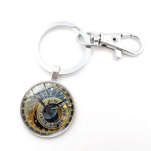 Silver keychain with Prague astronomical clock glass dome pendant and lobster clasp