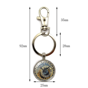 Vintage Prague clock keychain with dimensions: 92mm total length and 25mm pendant size
