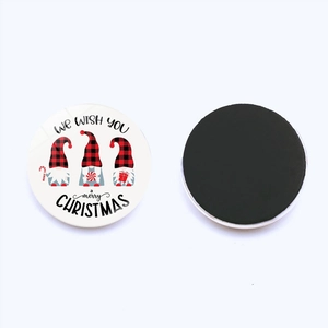 Detailed view of Christmas gnomes fridge magnets with red plaid and magnetic backing