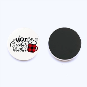 Detailed view of 25mm round magnetic sticker with red plaid hot chocolate winter theme